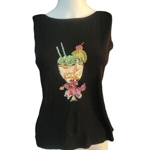 Sweaterworks Sleeveless Black Top With Shimmery Tropical Drink